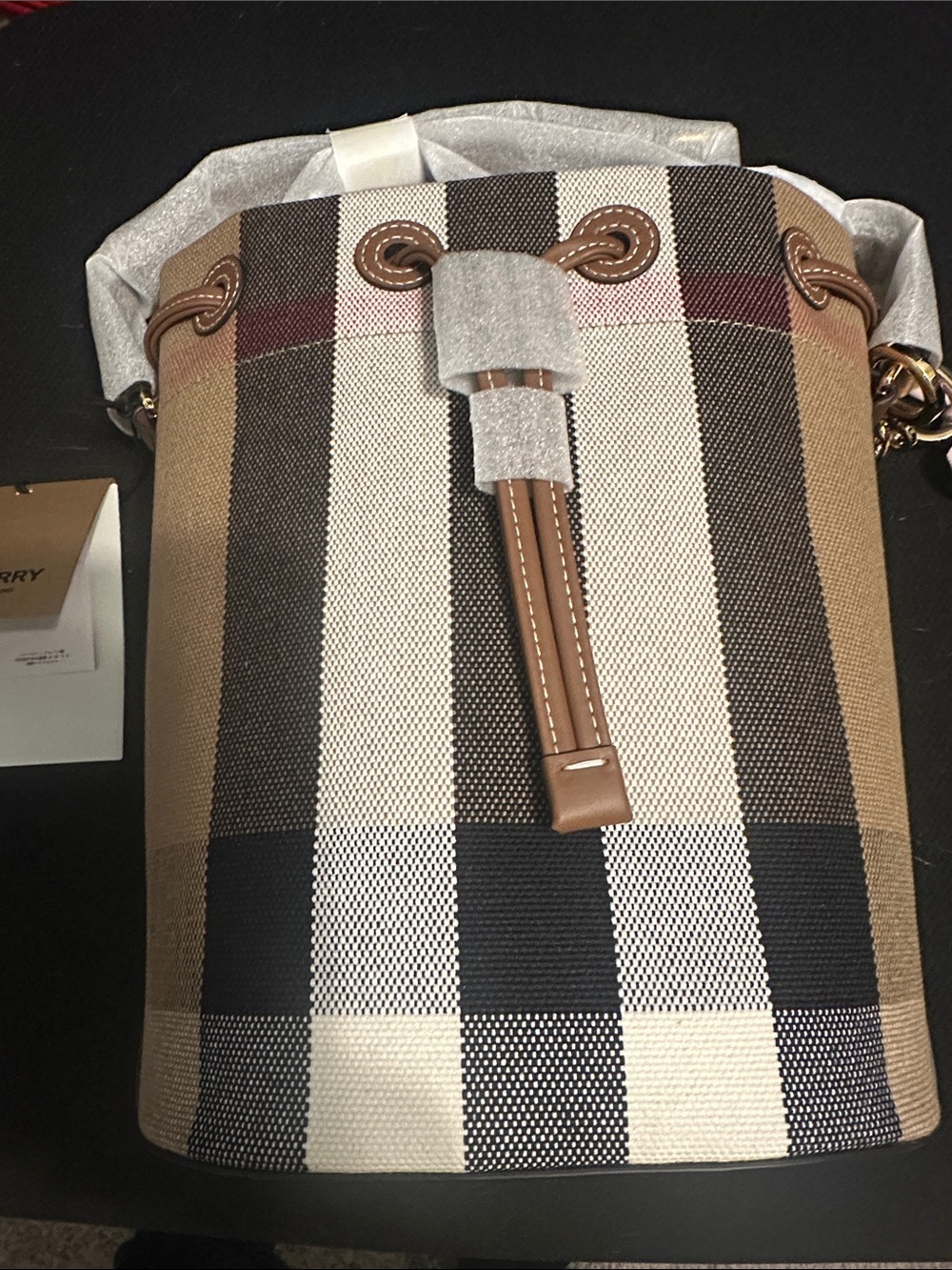 Burberry Beige Black Brown Check Canvas Bucket Bag